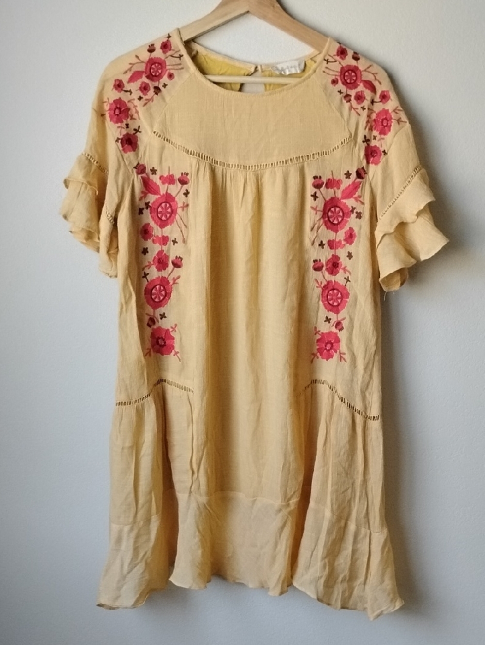 Altar'd State Yellow Mini Dress with Pink Embroidery